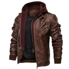 2 Pcs Men PU Leather Zipper Hooded Jacket